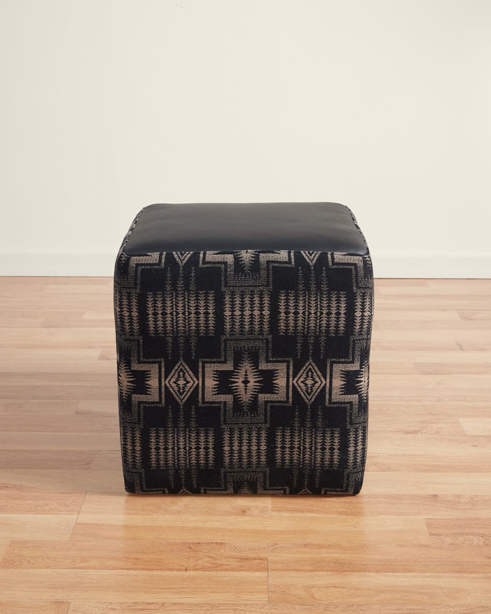 LEATHER/WOOL OTTOMAN IN BLACK/HARDING TAN image number 1