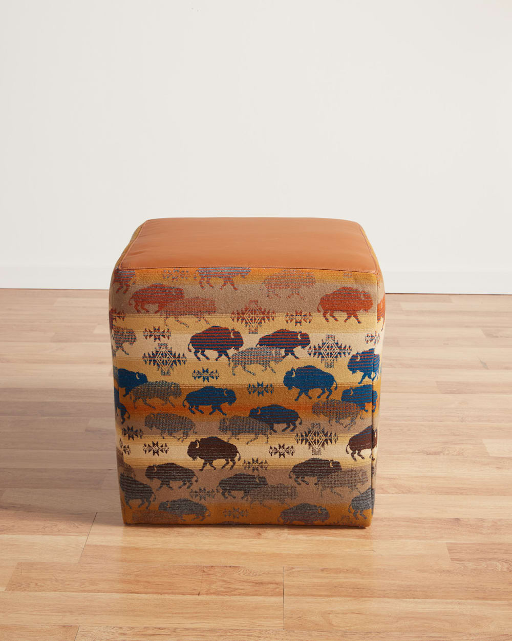 LEATHER/WOOL OTTOMAN IN SADDLE/BUFFALO image number 1