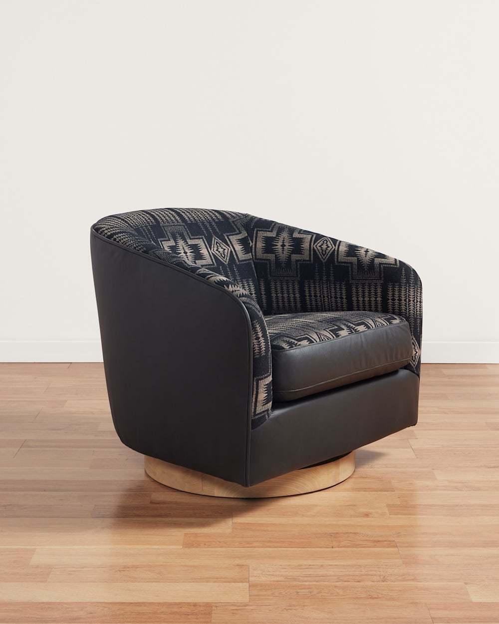 ALTERNATE VIEW OF LEATHER/WOOL BARREL CHAIR IN BLACK/HARDING TAN image number 2
