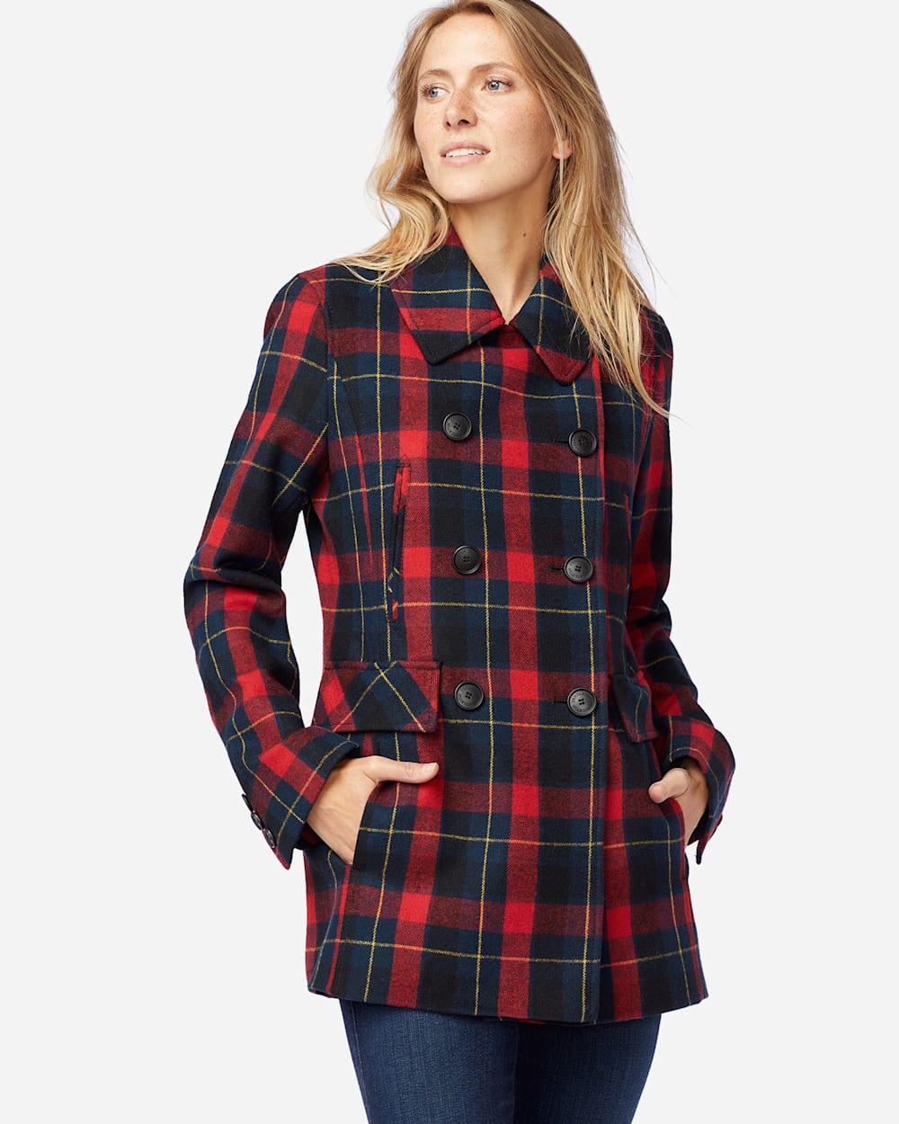 WOMEN'S PLAID WOOL PEA COAT