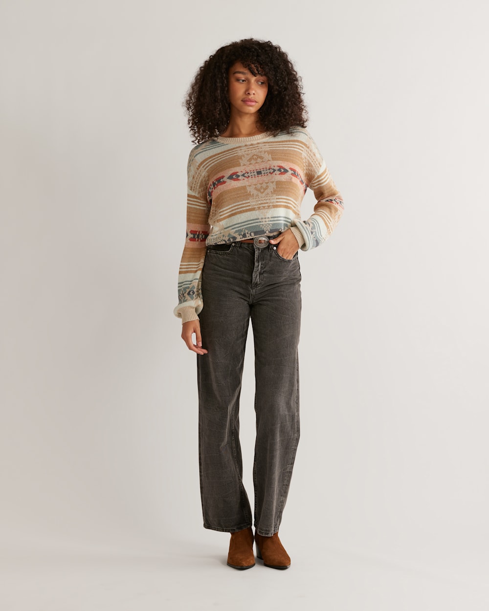 Dark Brown Plaid Bishop Sleeve Pullover Sweater main image 0