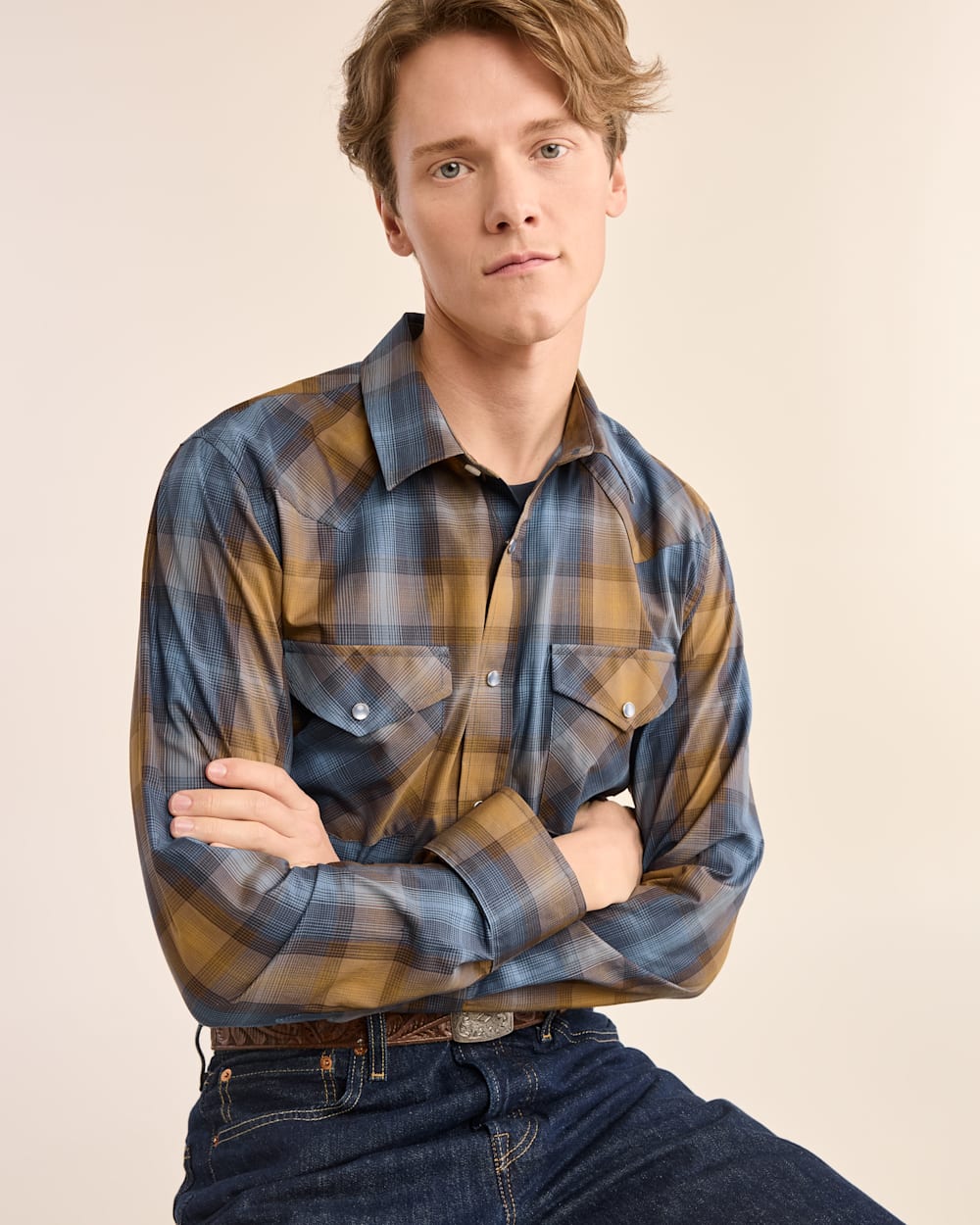 Dark Brown Plaid Bishop Sleeve Pullover Sweater