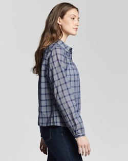 ALTERNATE VIEW OF WOMEN'S AIRY COTTON SHIRT IN NAVY/WHITE PLAID image number 2