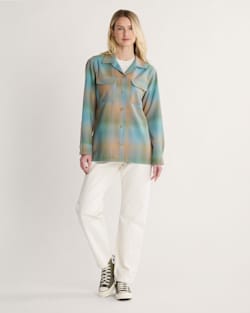 ALTERNATE VIEW OF WOMEN'S PLAID BOYFRIEND BOARD SHIRT IN GREEN/TAN OMBRE image number 5
