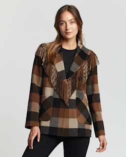 WOMEN'S CHEYENNE FRINGED SHAWL-COLLAR COAT IN CAMEL/CHARCOAL PLAID image number 1