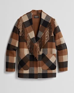 ALTERNATE VIEW OF WOMEN'S CHEYENNE FRINGED SHAWL-COLLAR COAT IN CAMEL/CHARCOAL PLAID image number 6