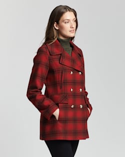 ALTERNATE VIEW OF WOMEN'S PLAID WOOL PEACOAT IN RED/CHARCOAL/DEEP OLIVE image number 2