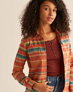 CLOSE UP VIEW OF WOMEN'S BOARD SHIRT IN RED SERAPE MULTI STRIPE image number 2