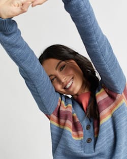 ALTERNATE VIEW OF WOMEN'S V-NECK HENLEY GRAPHIC SWEATER IN BLUE MULTI image number 5