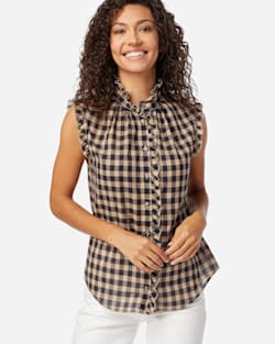 WOMEN'S AIRY COTTON SLEEVELESS SHIRT IN NAVY/TAN CHECK image number 1