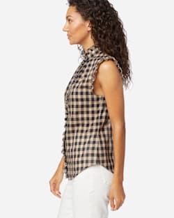 WOMEN'S AIRY COTTON SLEEVELESS SHIRT IN NAVY/TAN CHECK image number 2