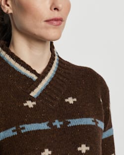 CLOSE UP VIEW OF WOMEN'S HALLIE GRAPHIC MERINO SWEATER IN BROWN MULTI DONEGAL image number 2