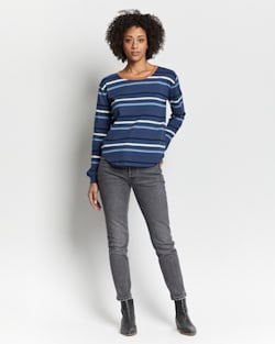 WOMEN'S LONG-SLEEVE DESCHUTES RINGER TEE IN DARK DENIM MULTI STRIPE image number 1