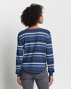 ALTERNATE VIEW OF WOMEN'S LONG-SLEEVE DESCHUTES RINGER TEE IN DARK DENIM MULTI STRIPE image number 2