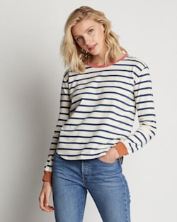 WOMEN'S LONG-SLEEVE DESCHUTES RINGER TEE IN IVORY/NAVY STRIPE image number 1