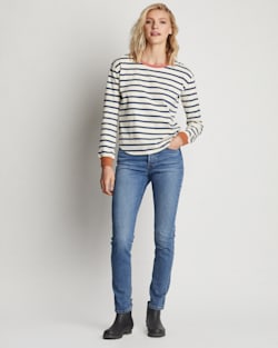 ALTERNATE VIEW OF WOMEN'S LONG-SLEEVE DESCHUTES RINGER TEE IN IVORY/NAVY STRIPE image number 4
