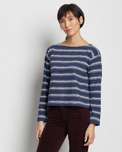 WOMEN'S COTTON SLUB BOATNECK TEE IN INDIGO BLUE/WHITE STRIPE image number 1