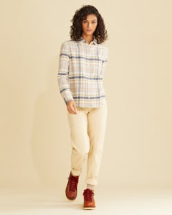 ALTERNATE VIEW OF WOMEN'S BOYFRIEND DOUBLE-BRUSHED FLANNEL SHIRT IN IVORY/INDIGO PLAID image number 5