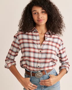 ALTERNATE VIEW OF WOMEN'S BOYFRIEND DOUBLE-BRUSHED FLANNEL SHIRT IN DUSTY BLUE/RED MULTI PLAID image number 3