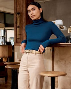 WOMEN'S RIB MERINO TURTLENECK IN PEACOCK BLUE HEATHER image number 1