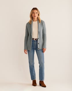 WOMEN'S SHAWL-COLLAR SHETLAND CARDIGAN IN SEA GLASS BLUE HEATHER image number 1