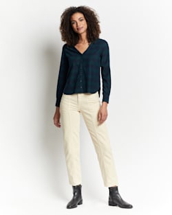 ALTERNATE VIEW OF WOMEN'S LENA MERINO V-NECK SHIRT IN GREEN/NAVY SHADOW PLAID image number 2