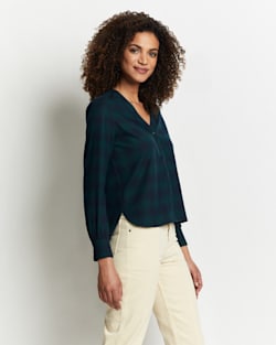 ALTERNATE VIEW OF WOMEN'S LENA MERINO V-NECK SHIRT IN GREEN/NAVY SHADOW PLAID image number 5