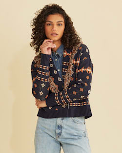 WOMEN'S FRINGE SHAWL CARDIGAN IN NAVY MULTI image number 1