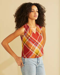 WOMEN'S V-NECK TANK TOP IN RED OCHRE MULTI PLAID image number 1