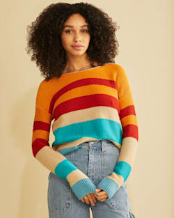 WOMEN'S BOLD STRIPE COTTON PULLOVER IN AQUA/ORANGE MULTI image number 1