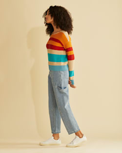 ALTERNATE VIEW OF WOMEN'S BOLD STRIPE COTTON PULLOVER IN AQUA/ORANGE MULTI image number 2