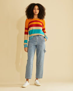 ALTERNATE VIEW OF WOMEN'S BOLD STRIPE COTTON PULLOVER IN AQUA/ORANGE MULTI image number 4
