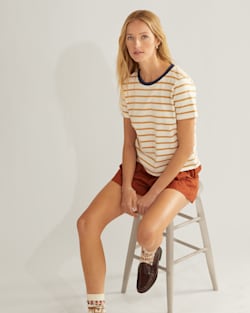 ALTERNATE VIEW OF WOMEN'S SANDY DESCHUTES STRIPE TEE IN ANTIQUE WHITE/HONEY MUSTARD image number 5
