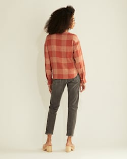 ALTERNATE VIEW OF WOMEN'S AMELIA V-NECK SHIRT IN REDWOOD/IRISH CREAM CHECK image number 3