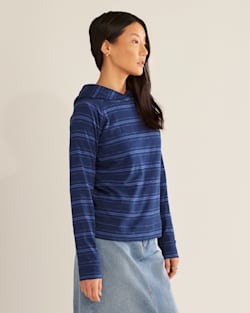 ALTERNATE VIEW OF WOMEN'S LONG-SLEEVE COTTON SLUB HOODED TEE IN INDIGO BLUE STRIPE image number 2