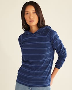 ALTERNATE VIEW OF WOMEN'S LONG-SLEEVE COTTON SLUB HOODED TEE IN INDIGO BLUE STRIPE image number 5