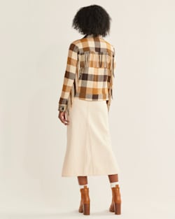 ALTERNATE VIEW OF WOMEN'S FRINGE WOOL JACKET IN CAMEL/IVORY CHECK image number 3