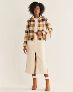 ALTERNATE VIEW OF WOMEN'S FRINGE WOOL JACKET IN CAMEL/IVORY CHECK image number 4