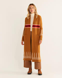 WOMEN'S LONG DUSTER SWEATER IN MEDAL BRONZE MULTI image number 1