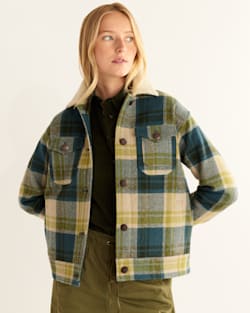 ALTERNATE VIEW OF WOMEN'S WOOL STADIUM TRUCKER COAT IN BLUE/GREEN PLAID image number 5