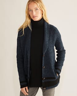 ALTERNATE VIEW OF WOMEN'S STRIPED SHETLAND COLLECTION CARDIGAN IN INDIGO HEATHER/BLACK image number 5