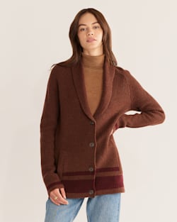 ALTERNATE VIEW OF WOMEN'S STRIPED SHAWL-COLLAR SHETLAND CARDIGAN IN BROWN HEATHER/MAROON image number 2
