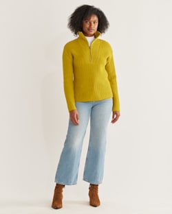 WOMEN'S LAMBSWOOL SHAKER STITCH ZIP PULLOVER IN CHARTREUSE image number 1