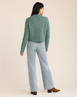 ALTERNATE VIEW OF WOMEN�S SHETLAND COLLECTION FISHERMAN SWEATER IN DUSTY TEAL HEATHER image number 3