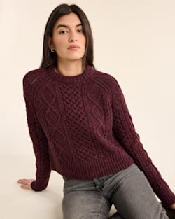 ALTERNATE VIEW OF WOMEN�S SHETLAND COLLECTION FISHERMAN SWEATER IN BURGUNDY HEATHER image number 4