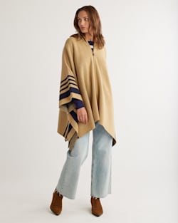ALTERNATE VIEW OF WOMEN'S LAMBSWOOL KNIT BLANKET CAPE IN CAMEL/NAVY image number 4