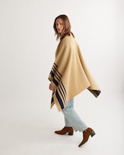 ALTERNATE VIEW OF WOMEN'S LAMBSWOOL KNIT BLANKET CAPE IN CAMEL/NAVY image number 5