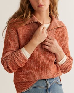 ALTERNATE VIEW OF WOMEN'S COTTON SHAKER STITCH ZIP PULLOVER IN RUST/IVORY image number 4