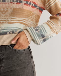 ALTERNATE VIEW OF WOMEN'S BISHOP SLEEVE COTTON PULLOVER IN TAN/AQUA MULTI image number 4