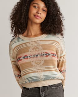 ALTERNATE VIEW OF WOMEN'S BISHOP SLEEVE COTTON PULLOVER IN TAN/AQUA MULTI image number 5